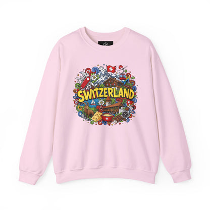 Light pink crewneck sweatshirt with colorful Switzerland graphic on the chest.