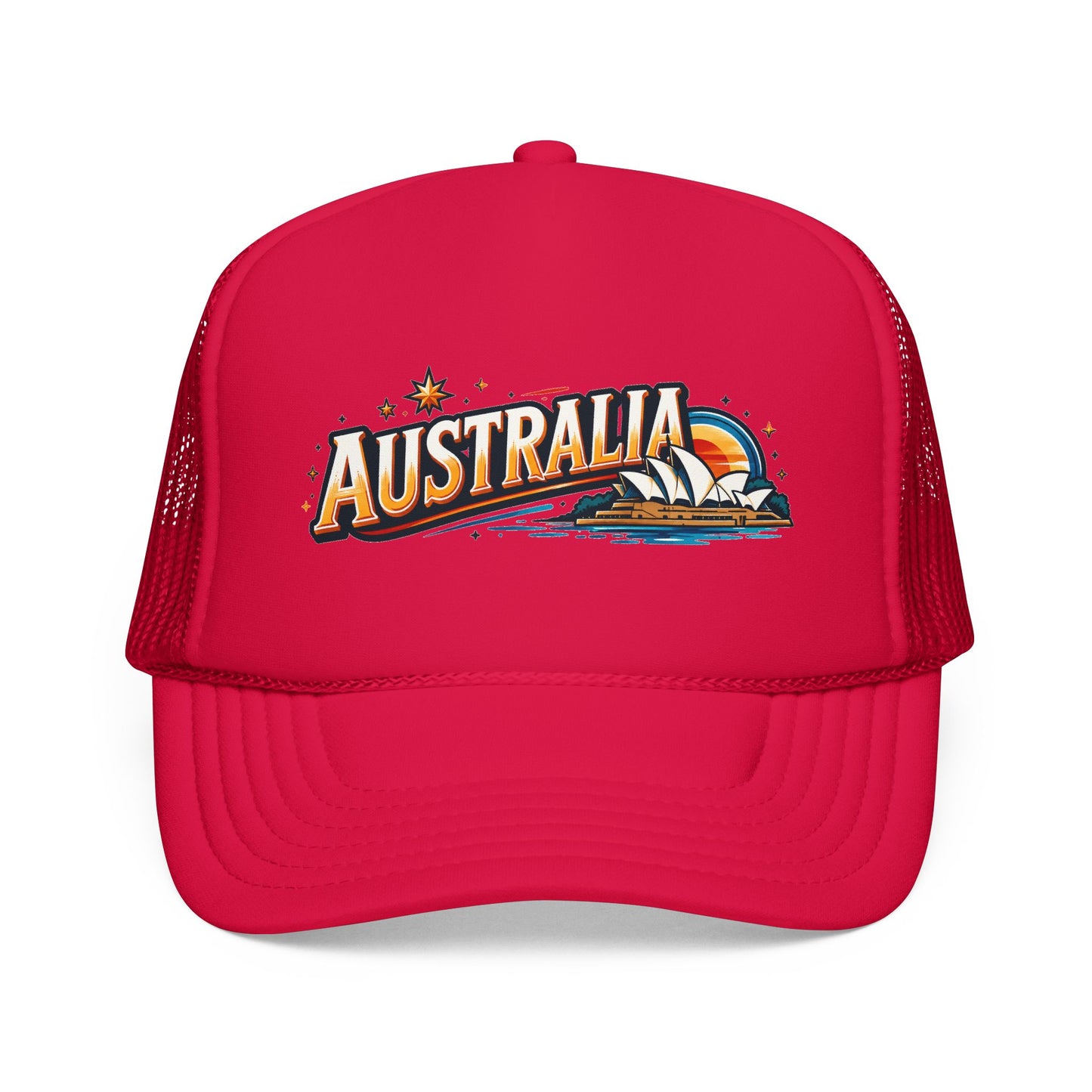 Red trucker cap with Australia graphic on front and curved brim