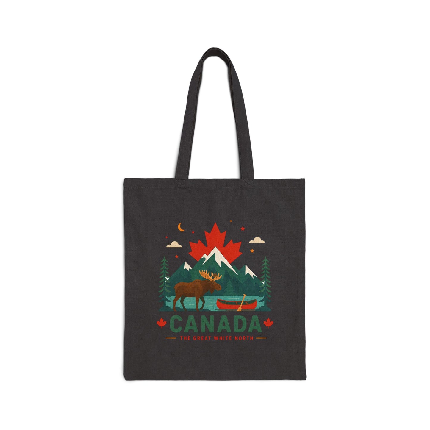 Black canvas tote bag with Canada moose, trees, and red maple graphic on front