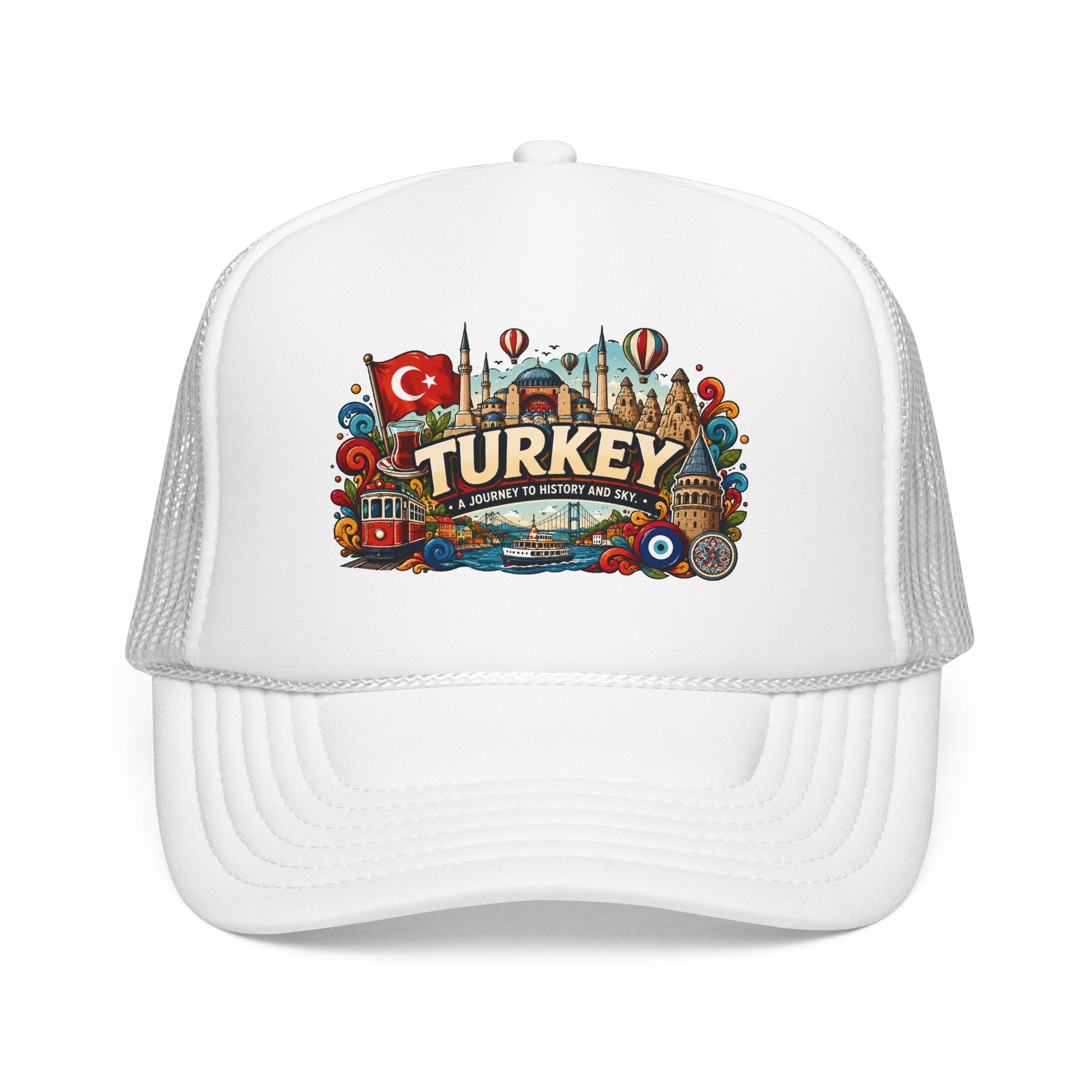 White trucker hat with colorful Turkey emblem patch on the front