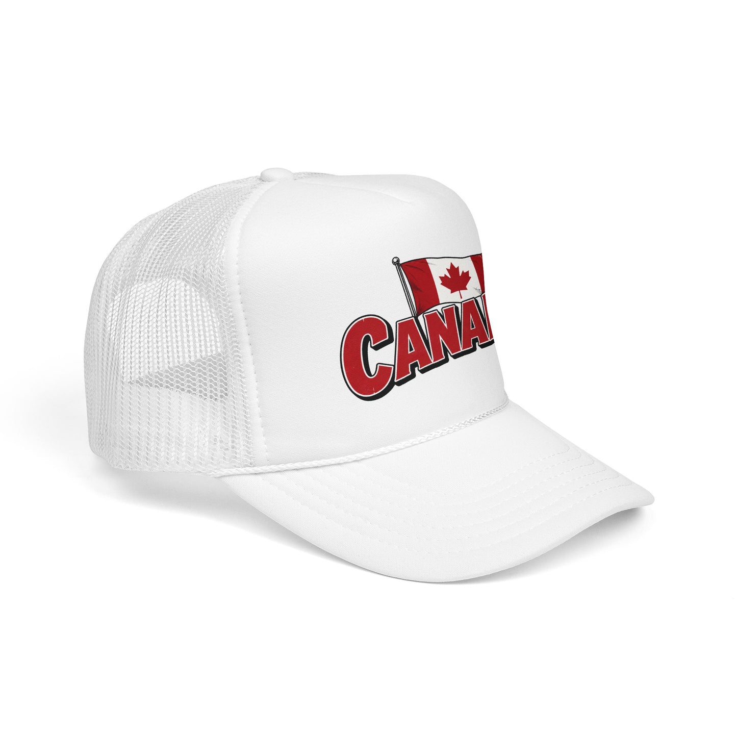 White trucker hat with Canada flag logo patch on front