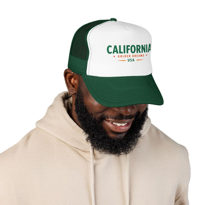 Green mesh trucker hat with white front and green “CALIFORNIA GOLD DREAMS USA” patch