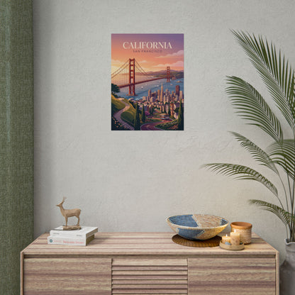 San Francisco California poster on wall above cabinet with bowl, candles, and greenery
