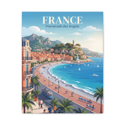 Square matte canvas wall art with "FRANCE" text above a blue ocean shoreline and orange houses.