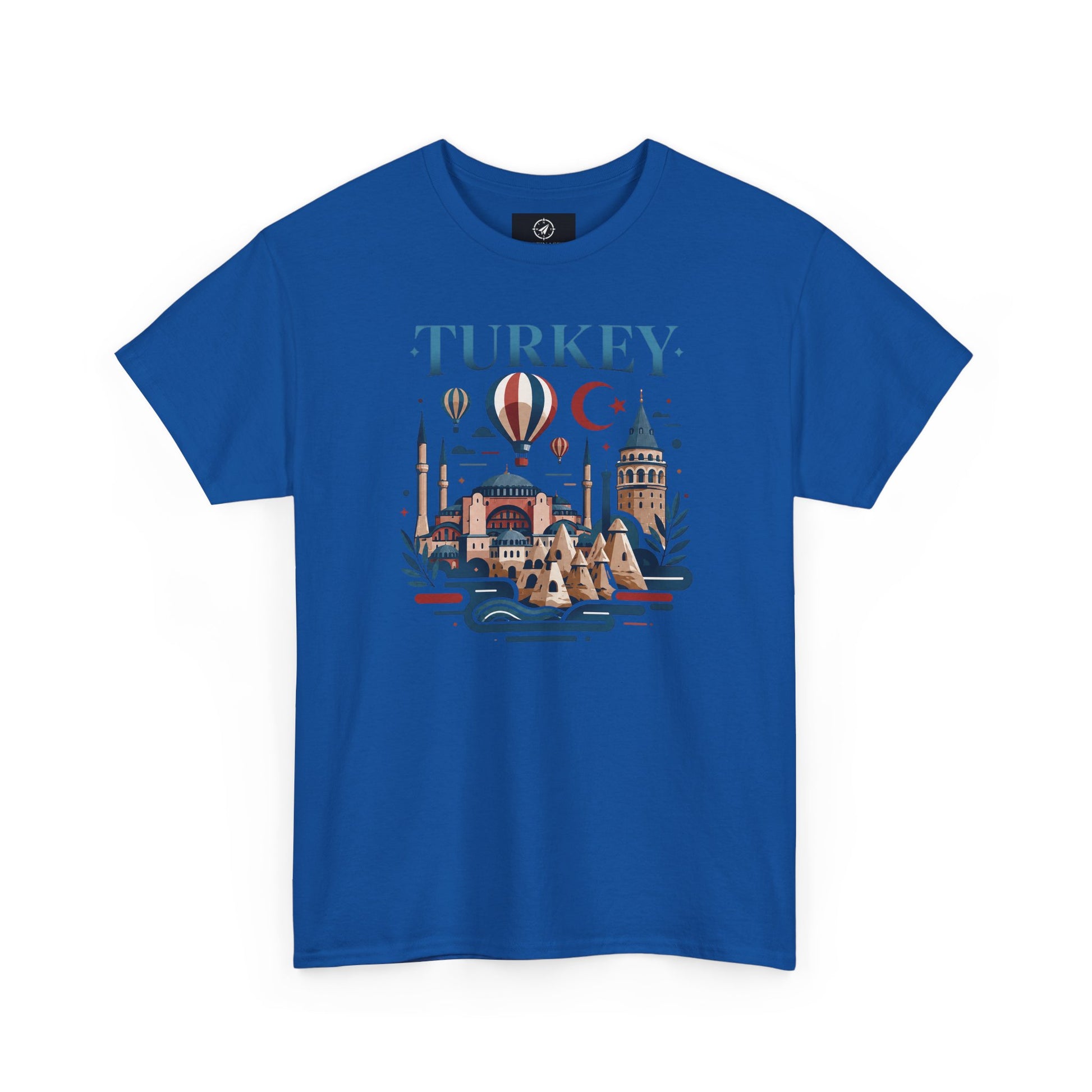 Royal blue crew-neck T-shirt with Turkey skyline and hot air balloon graphic