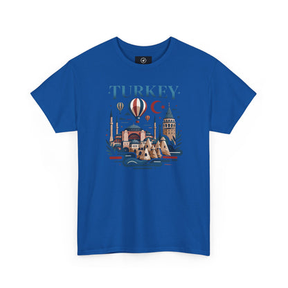 Royal blue crew-neck T-shirt with Turkey skyline and hot air balloon graphic