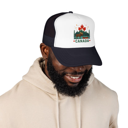 Black and white Canada logo trucker hat with mesh back and curved brim
