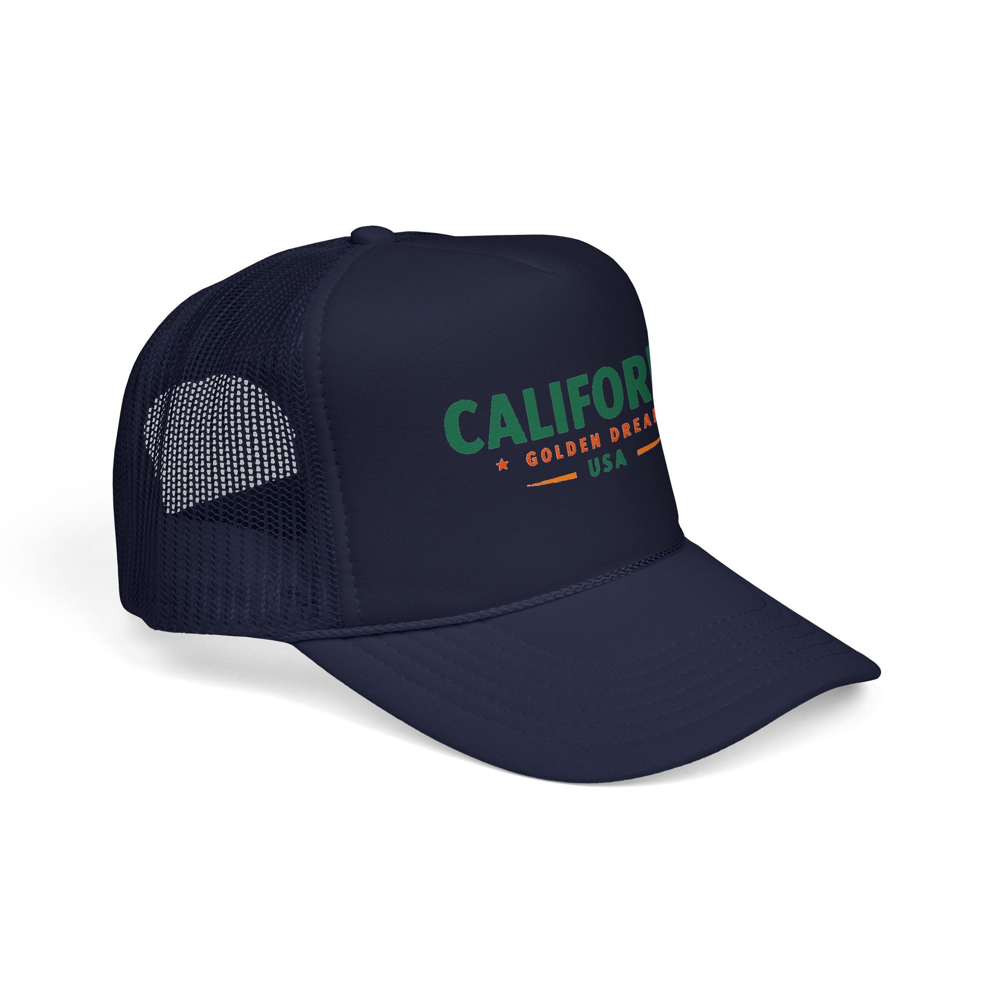 Navy trucker hat with front “CALIFORNIA” logo, mesh side panels, and curved brim.