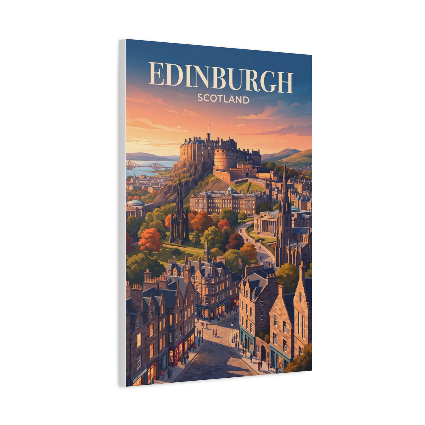 Matte canvas wall art of Edinburgh skyline with castle view and 'EDINBURGH' text