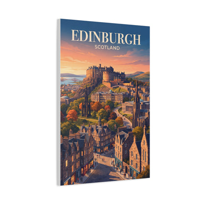 Matte canvas wall art of Edinburgh skyline with castle view and 'EDINBURGH' text