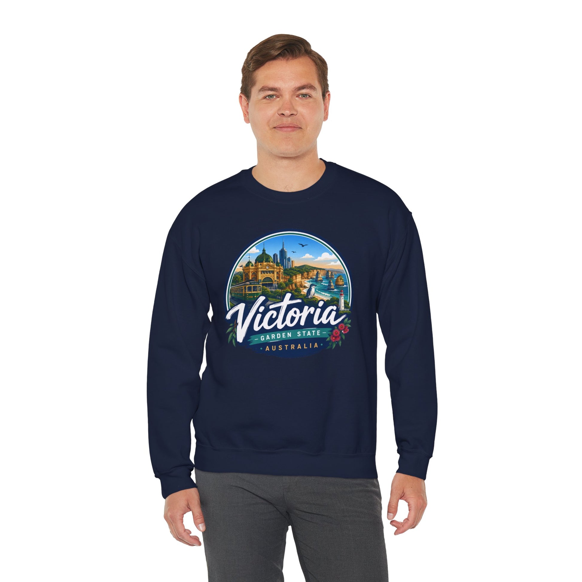 Navy crewneck sweatshirt with circular Victoria Australia graphic on the chest