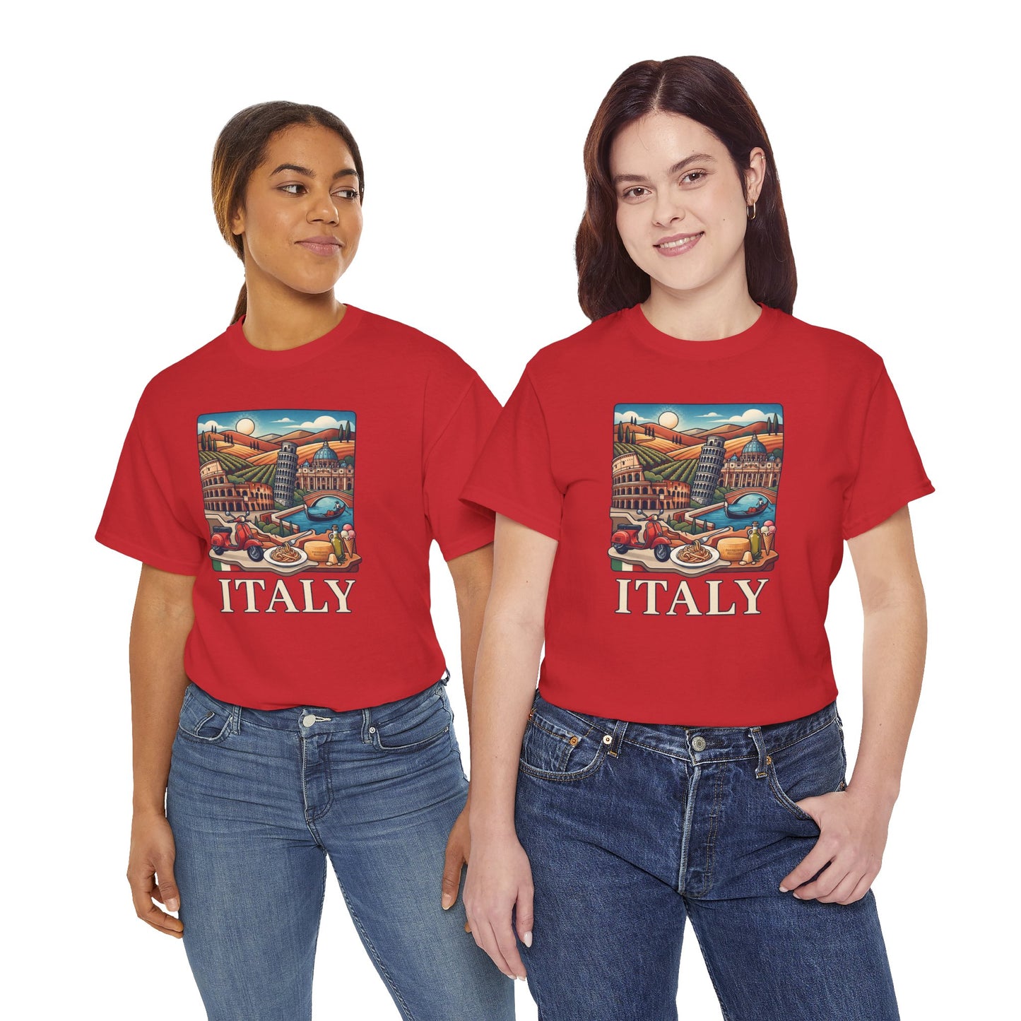 Red T-shirt with Italy scenic graphic and bold ITALY text on front