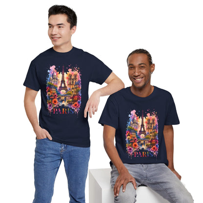 Navy blue Eiffel Tower floral T-shirt on two models