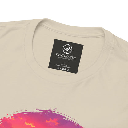 Beige crewneck t-shirt close-up with Destinasee label and colorful sunset graphic