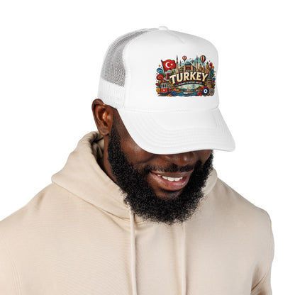 White mesh trucker hat with white front panel and colorful Turkey logo patch