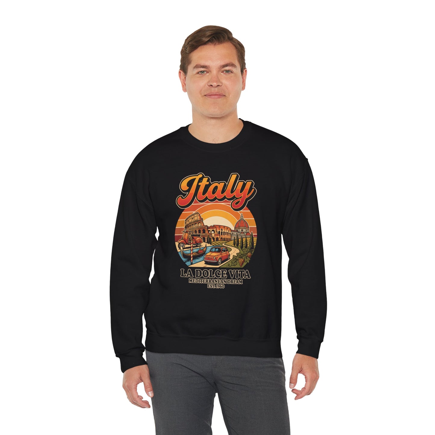 Black crewneck sweatshirt with front “Italy La Dolce Vita” graphic print