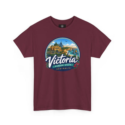 Maroon travel tee with Victoria graphic logo on the chest