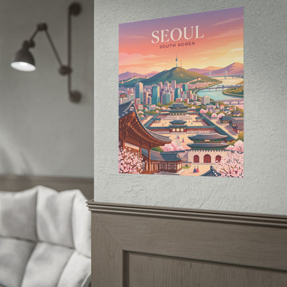 Seoul cityscape rolled poster on a wall, showing SEOUl title, palace courtyard, and blossoms