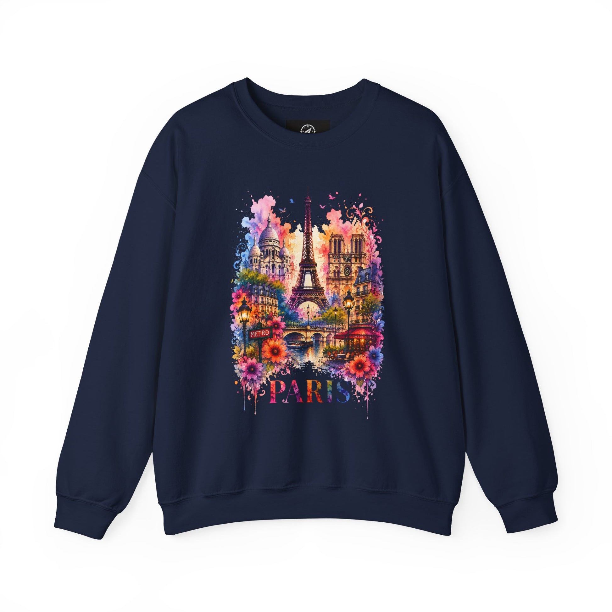 Navy crewneck sweatshirt with colorful Eiffel Tower and PARIS graphic on front