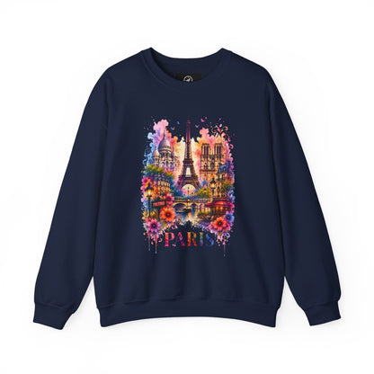 Navy crewneck sweatshirt with colorful Eiffel Tower and PARIS graphic on front