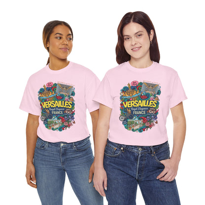 Versailles France illustration T-shirt in light pink, with colorful front graphic print