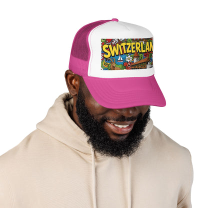 Pink and white trucker hat with colorful Switzerland graphic patch, worn on head.