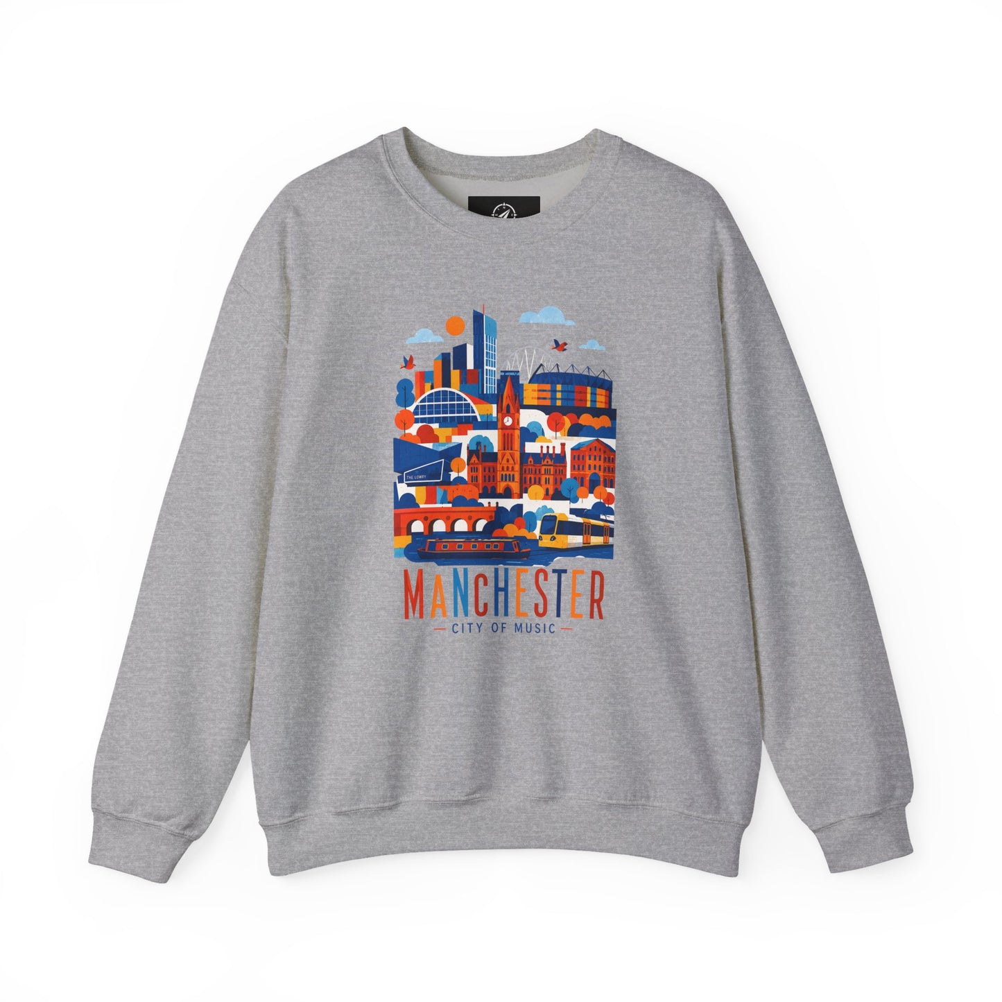 Manchester cityscape crewneck sweatshirt, heather grey, front city graphic