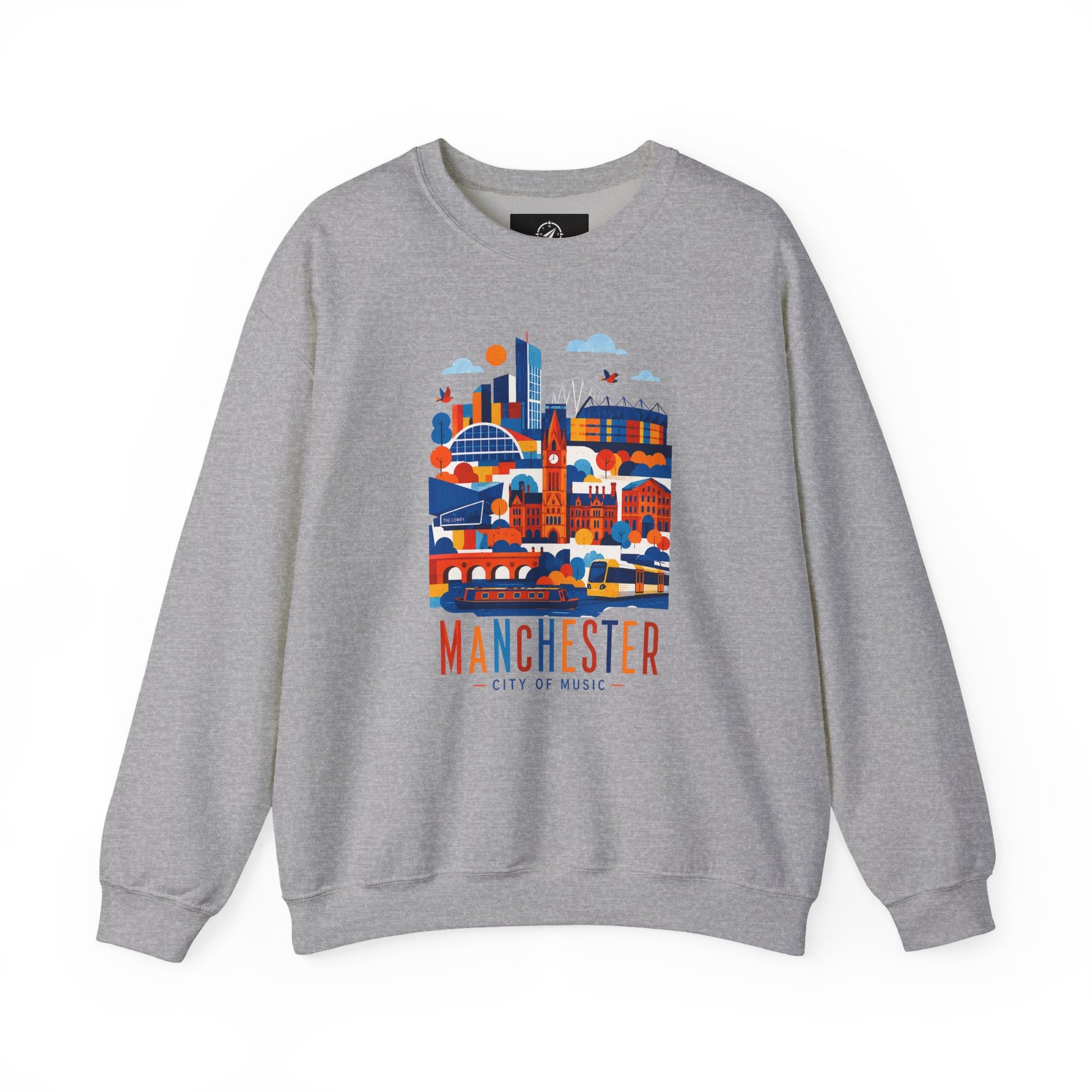 Manchester cityscape crewneck sweatshirt, heather grey, front city graphic