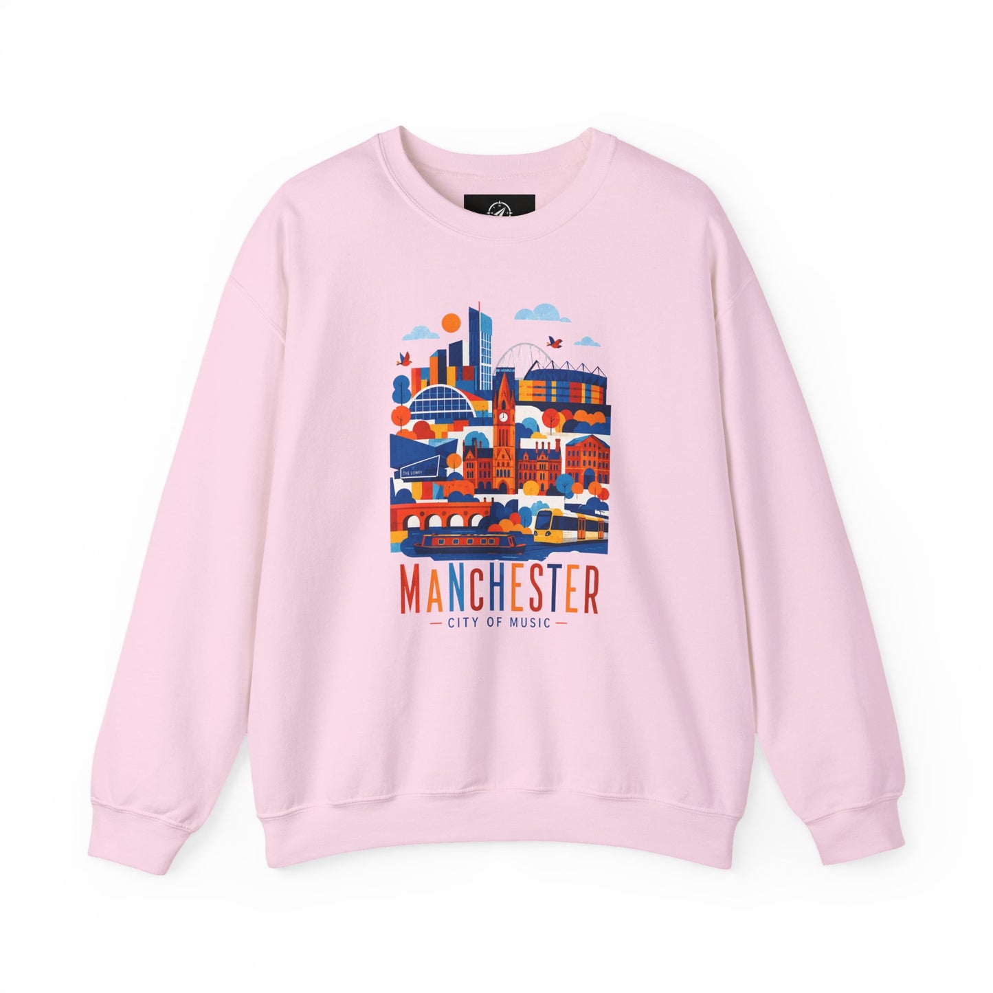 Light pink crewneck sweatshirt front with cityscape graphic and Manchester text