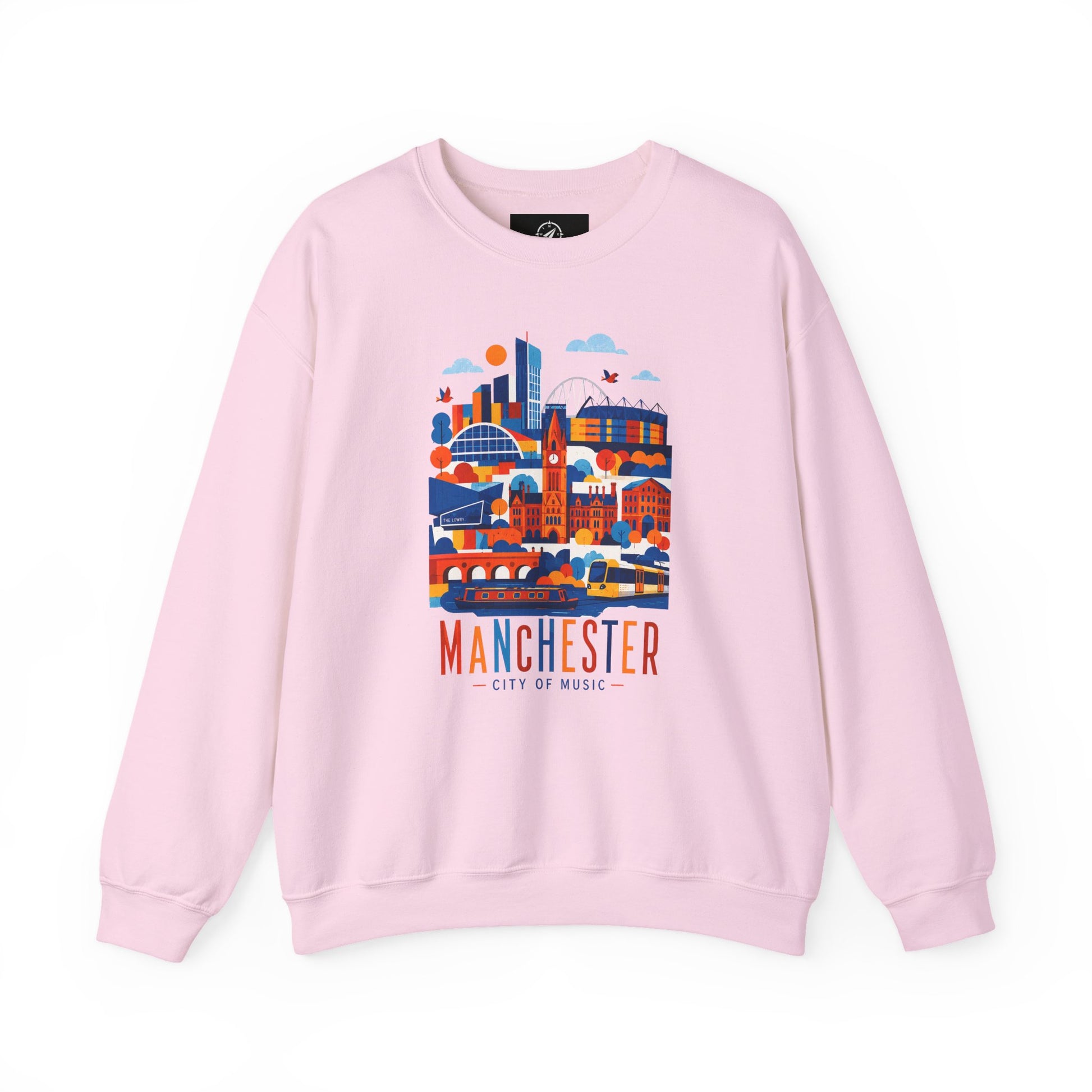 Light pink crewneck sweatshirt front with cityscape graphic and Manchester text