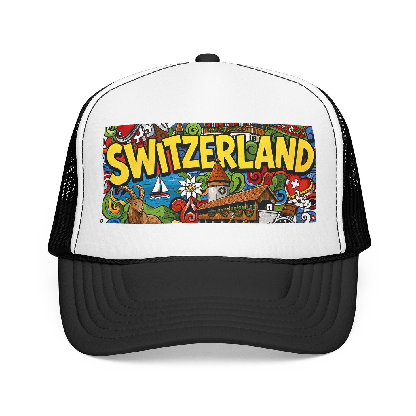 White-and-black trucker hat with colorful “SWITZERLAND” doodle graphic front panel.