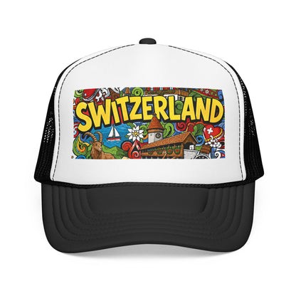 White-and-black trucker hat with colorful “SWITZERLAND” doodle graphic front panel.