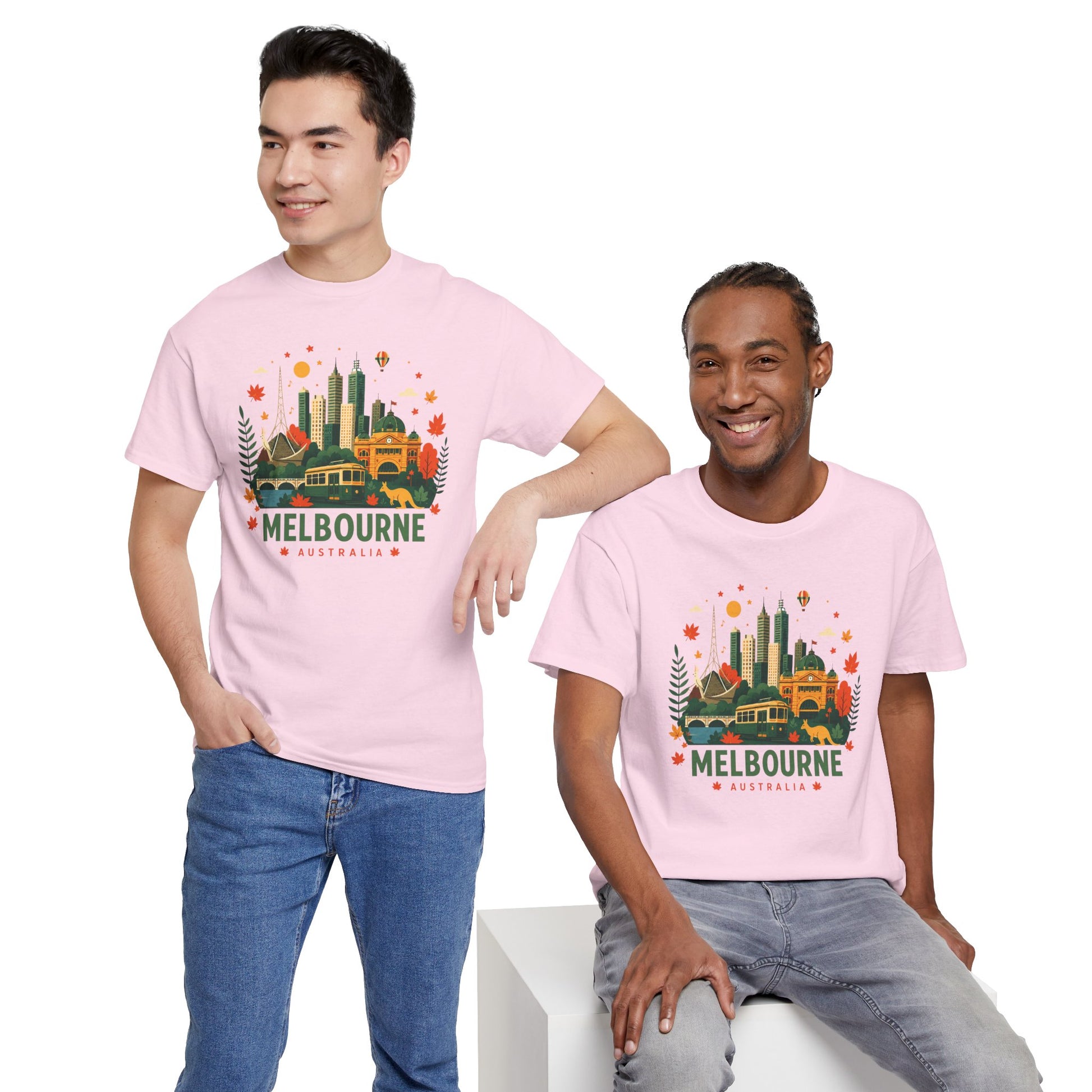 Light pink Melbourne skyline T-shirt with front graphic; two people wearing matching shirts.