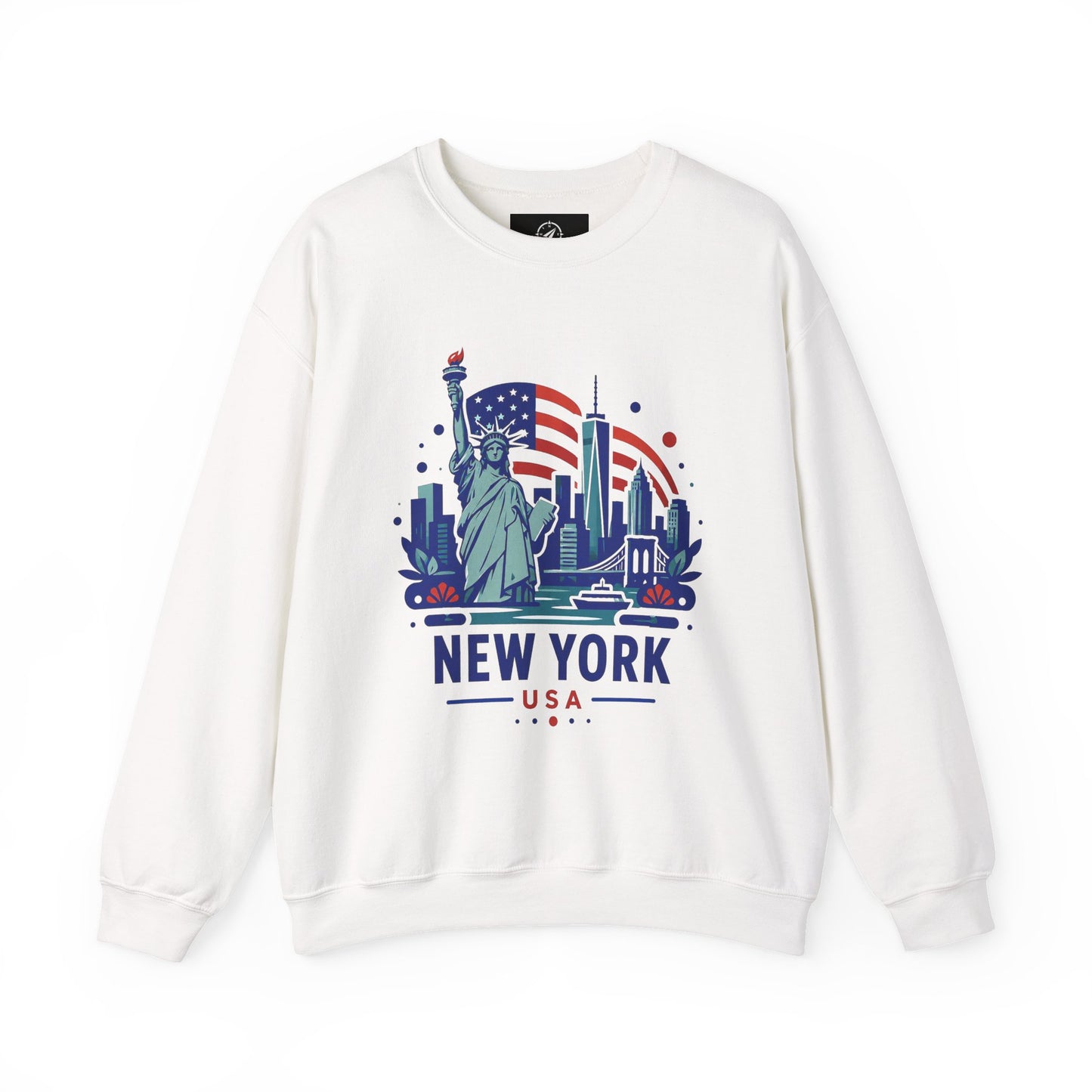 White crewneck sweatshirt with New York USA Statue of Liberty graphic on front