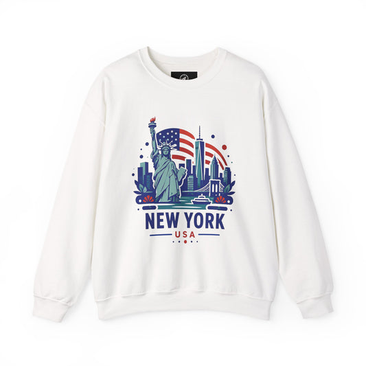 White crewneck sweatshirt with New York USA Statue of Liberty graphic on front