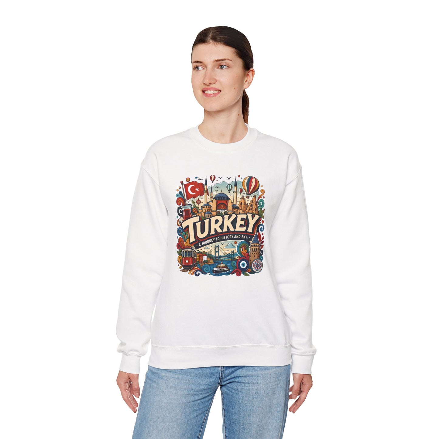 White crewneck sweatshirt with colorful Turkey graphic on the chest