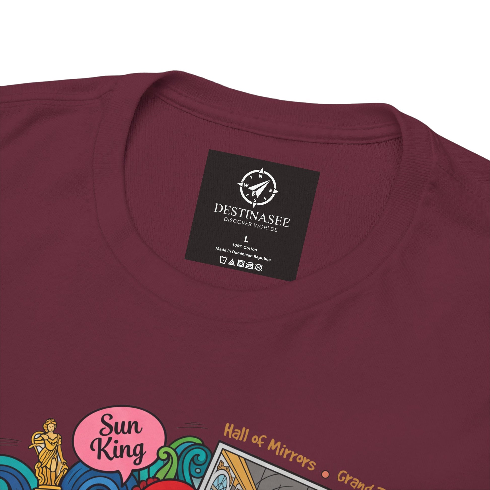 Maroon crewneck T-shirt; Destinassee label and Sun King graphic detail