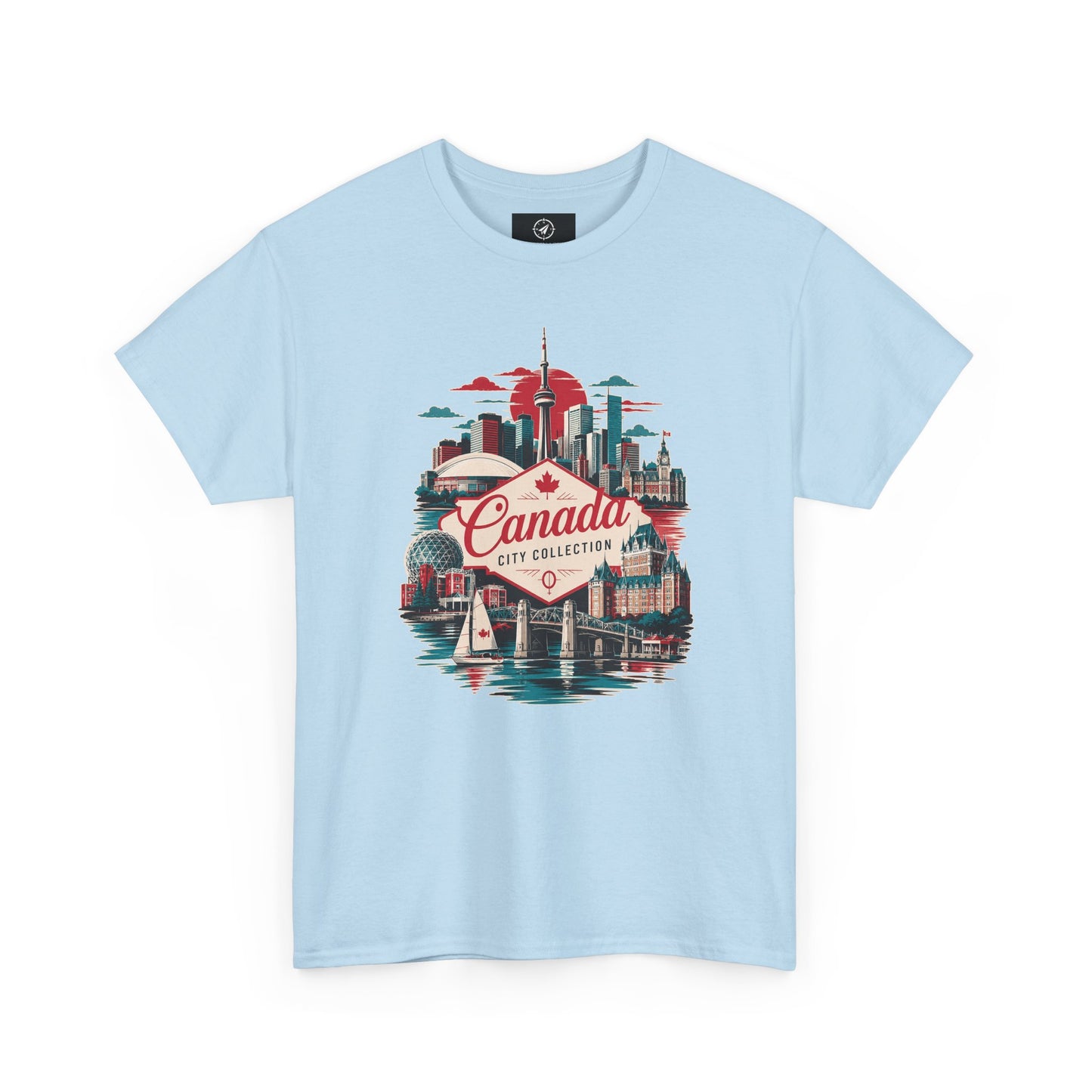 Light blue crewneck T-shirt with Canada city skyline graphic in red and teal