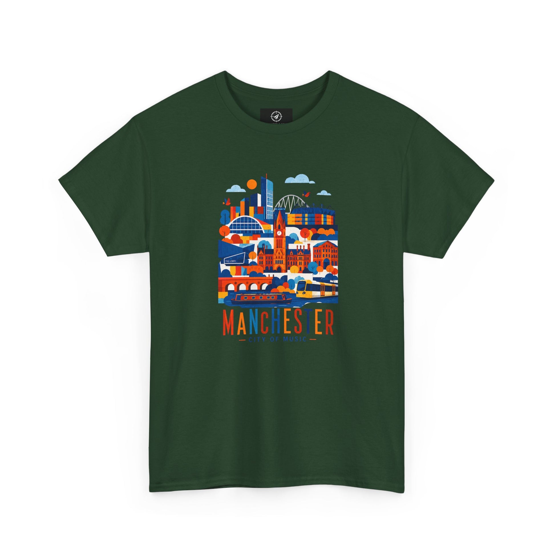 Forest green short-sleeve crewneck T-shirt with Manchester skyline graphic on front