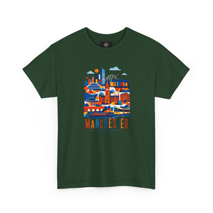 Forest green short-sleeve crewneck T-shirt with Manchester skyline graphic on front