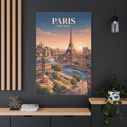 Matte canvas wall art on wall with Eiffel Tower, river, and 'PARIS' lettering.