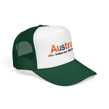 Australia vintage travel trucker cap, white front with dark green mesh and matching brim