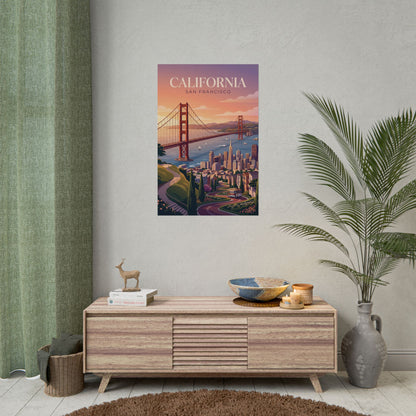 Travel poster featuring Golden Gate Bridge and San Francisco skyline in purple sunset