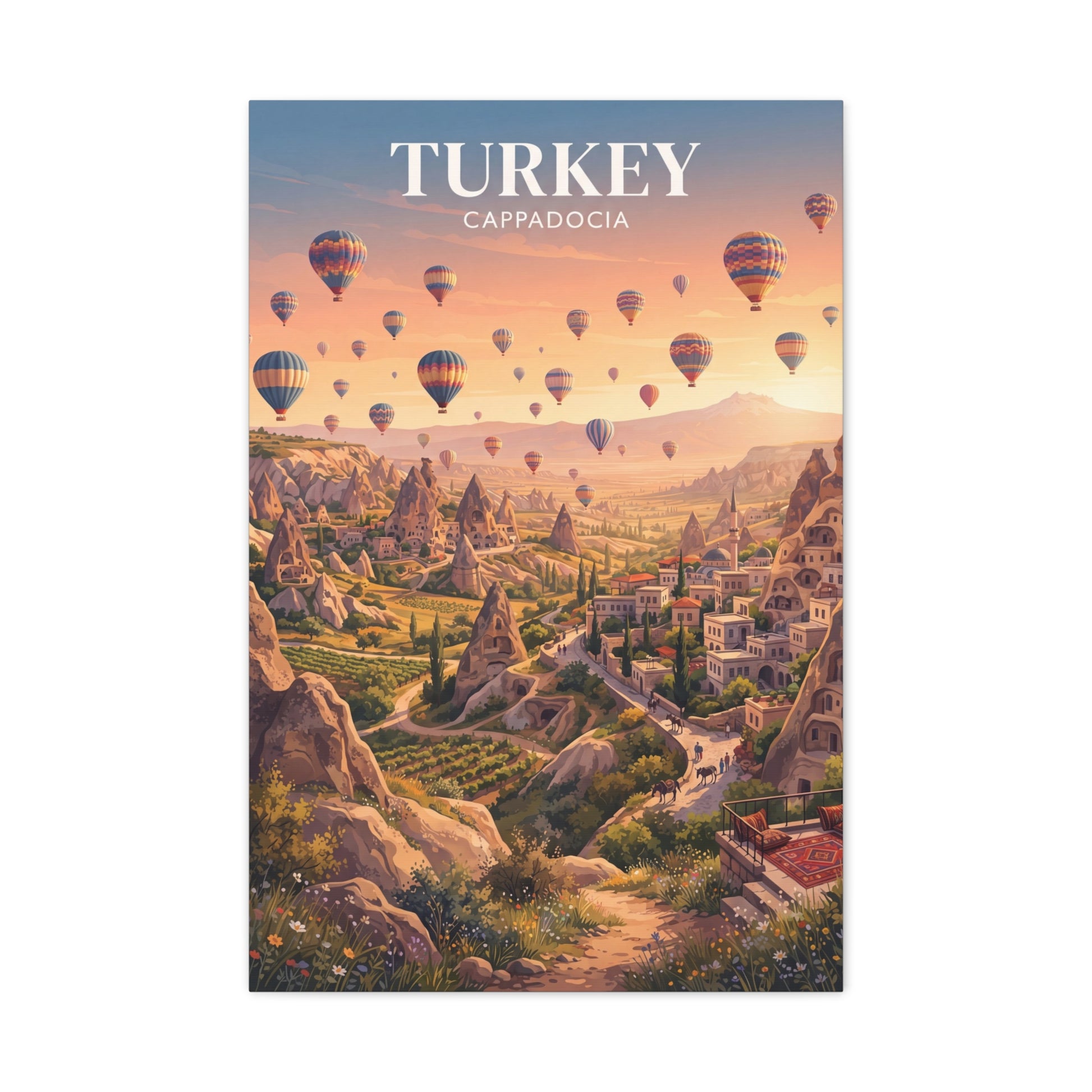 Matte canvas wall art with hot air balloons and Cappadocia skyline, 'TURKEY' text.