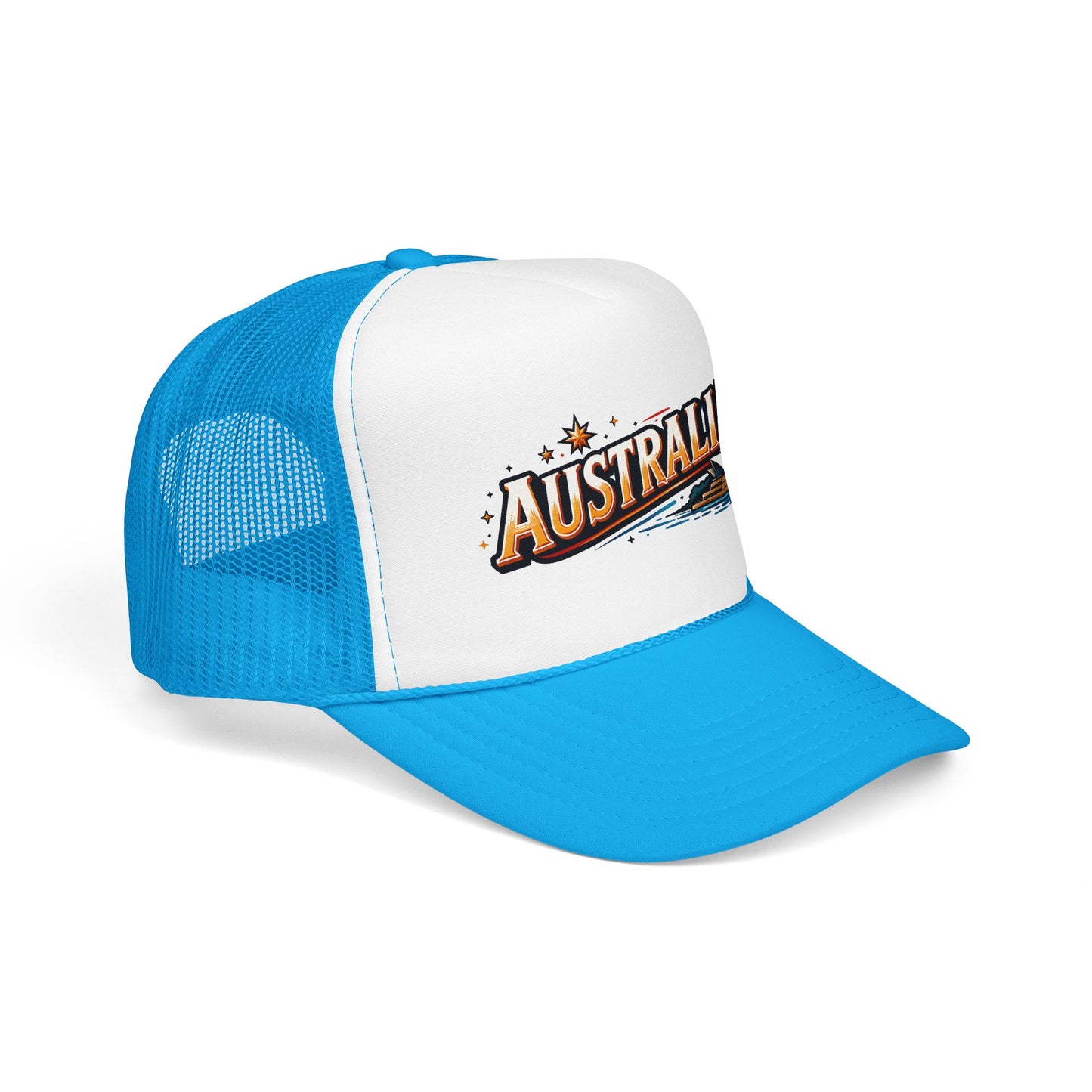 Australia logo trucker cap with white front, blue mesh sides, blue curved brim