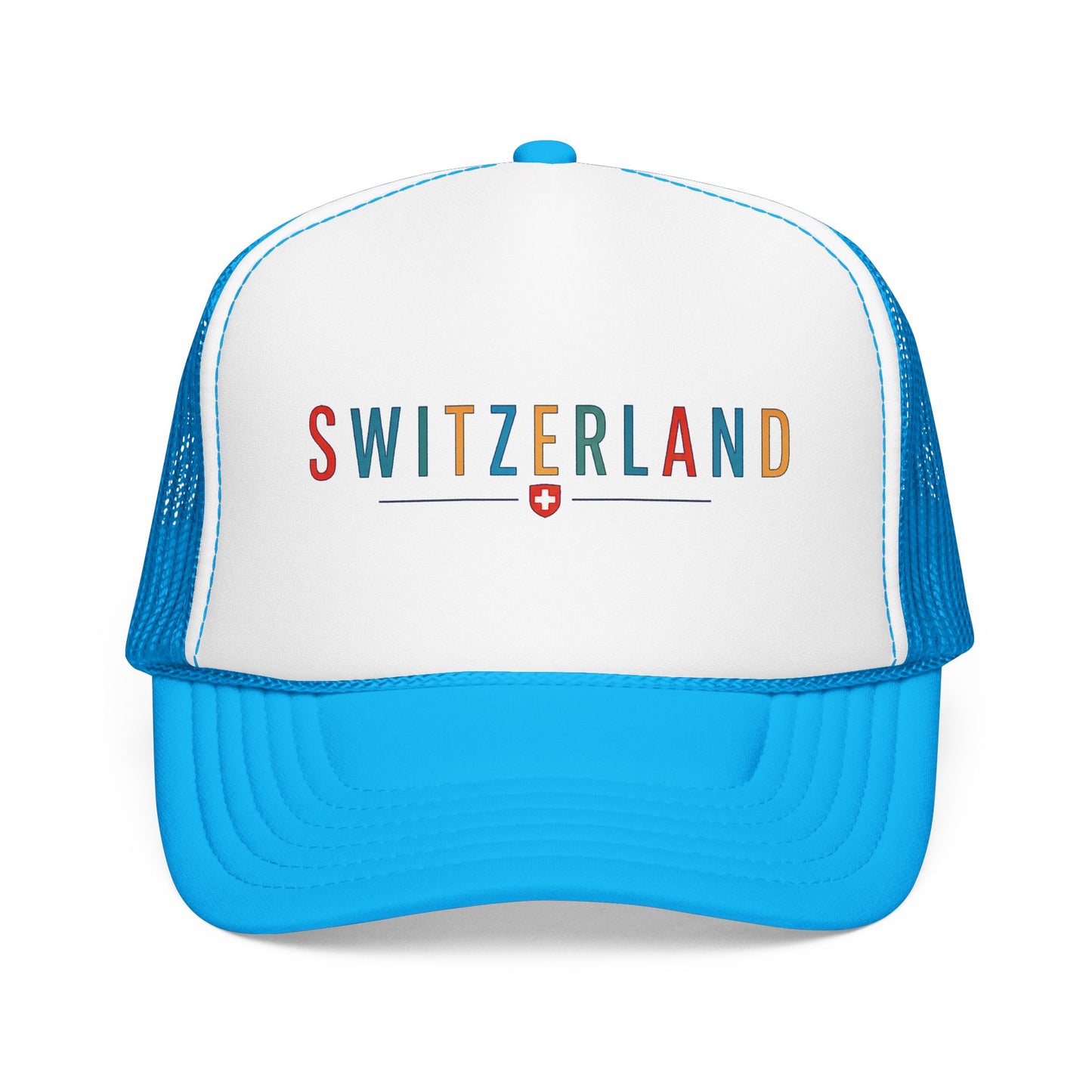 Foam trucker cap with Switzerland logo, white front, bright blue visor, blue mesh back