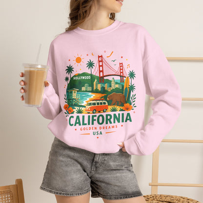 Light pink crewneck sweatshirt with California graphic front view, long sleeves.