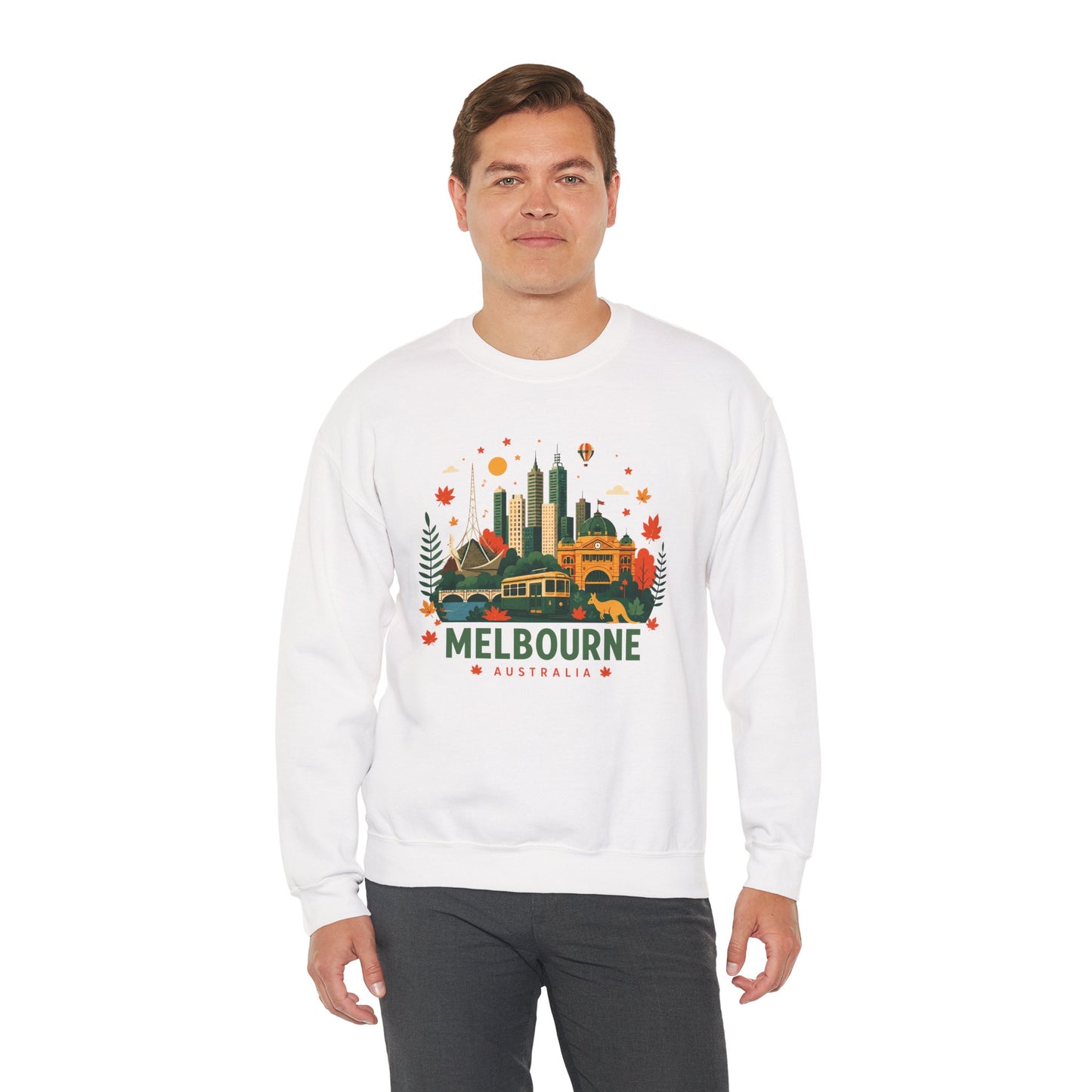Melbourne cityscape sweatshirt, white crewneck with colorful Melbourne graphic on front
