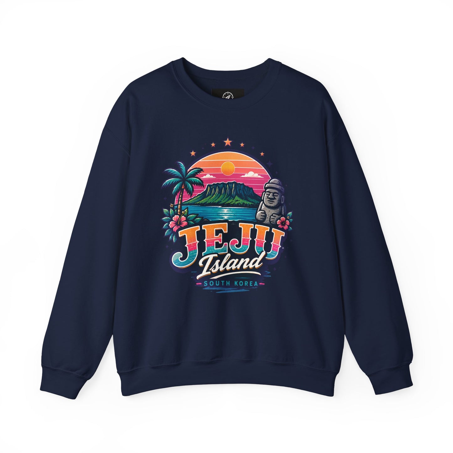 Navy crewneck sweatshirt with colorful front graphic print