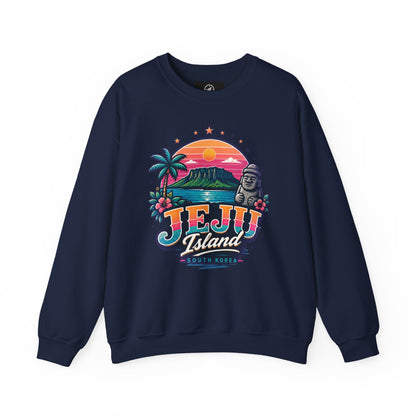 Navy crewneck sweatshirt with colorful front graphic print